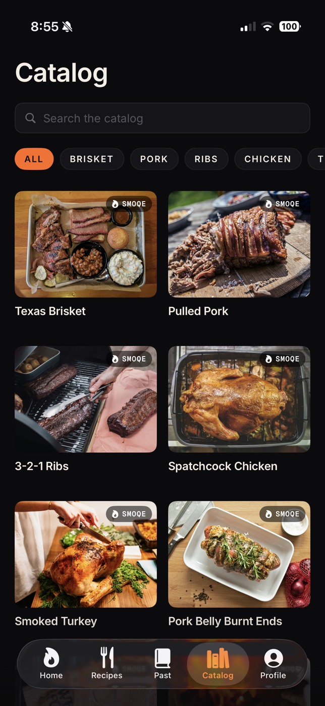 The Smoqe catalog tab showing curated cooks: Texas Brisket, Pulled Pork, 3-2-1 Ribs, Spatchcock Chicken, Smoked Turkey, and Pork Belly Burnt Ends