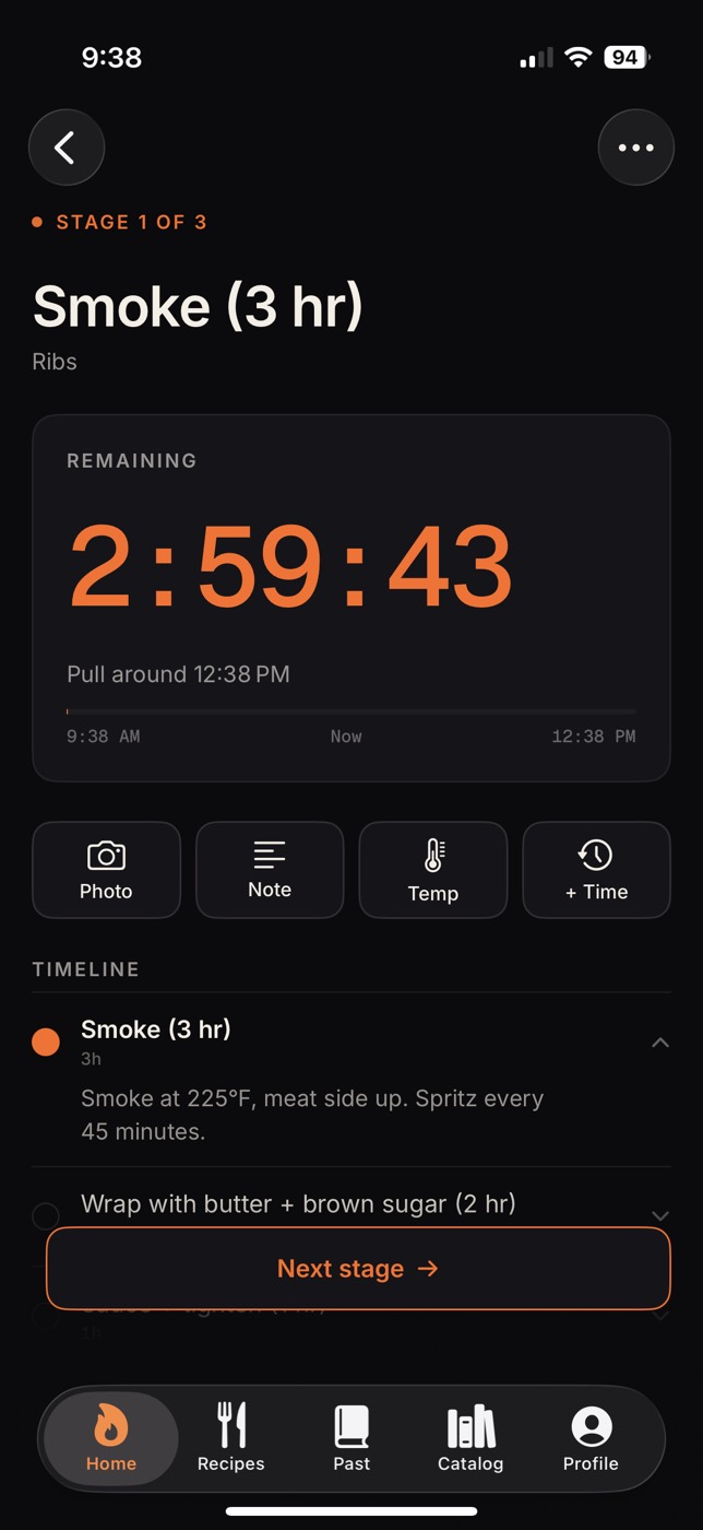 Active cook screen showing stage 1 of 3, Smoke, with a 2:59:43 countdown