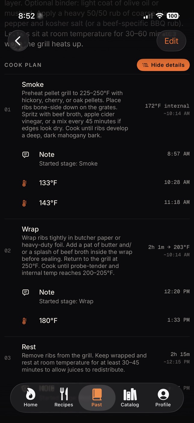 A finished cook in Smoqe showing its full plan — Smoke, Wrap, and Rest — with timestamped notes and logged internal temperatures