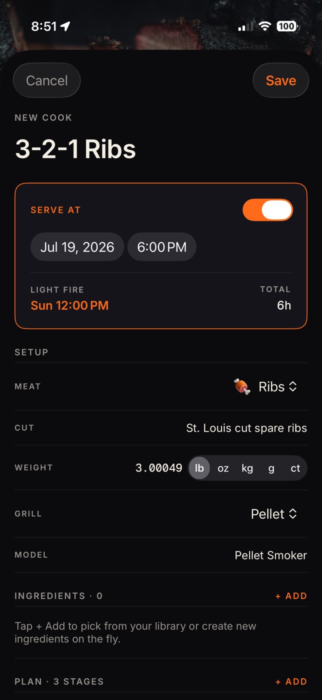 Building a 3-2-1 Ribs cook in Smoqe, with a 6:00 PM serve time and a 12:00 PM light-fire time worked out backwards